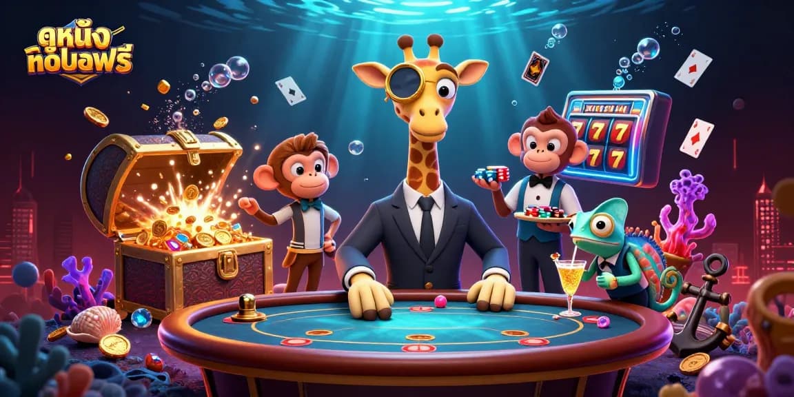 Experience ดูหนังออนไลน์ฟรี with lively cartoon casino characters and vibrant gambling elements.