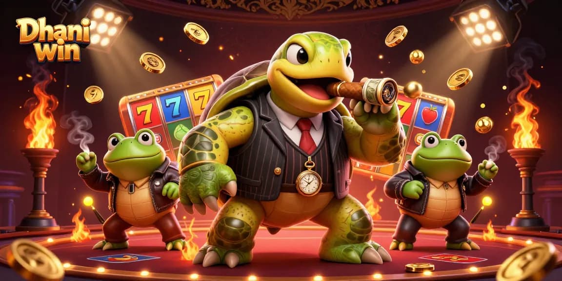 Dhani win showcases a lively casino scene with a turtle in a pinstripe suit and slot reels, enticing players to engage and win.