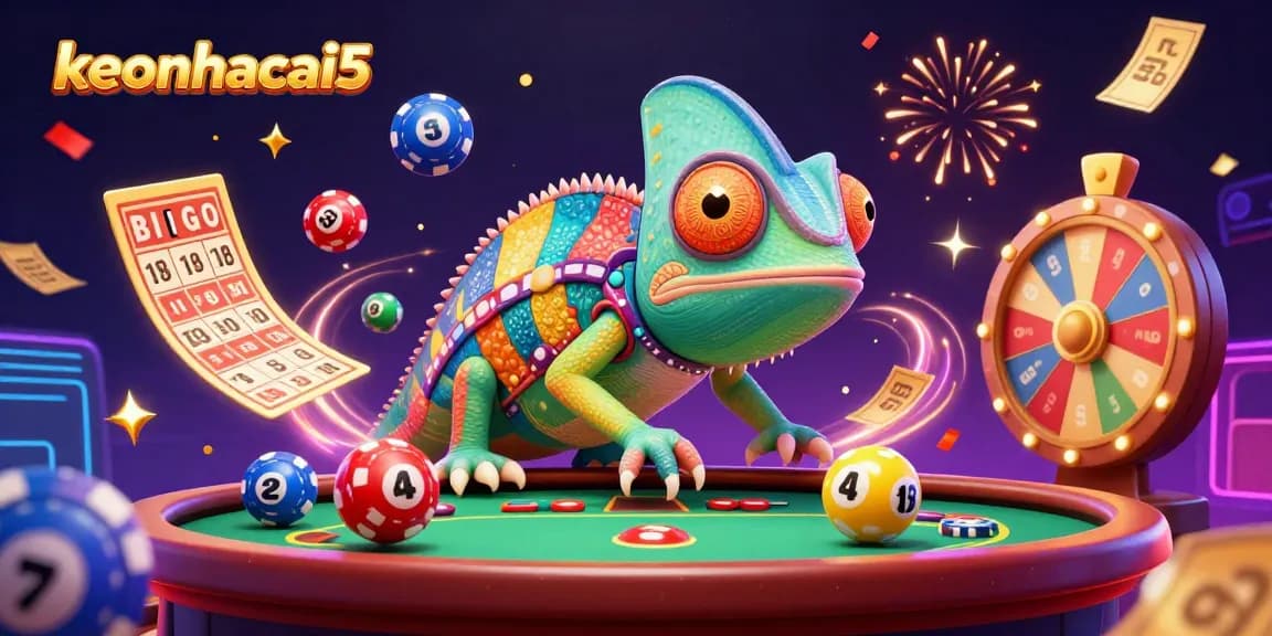Engage with keonhacai5's vibrant casino scene featuring a colorful chameleon owner and dynamic game elements.