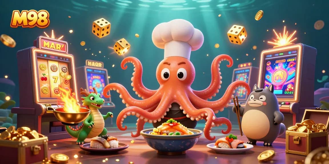 M98 casino with a vibrant scene featuring a sushi octopus chef and a fiery dragon, delivering winning jackpots.