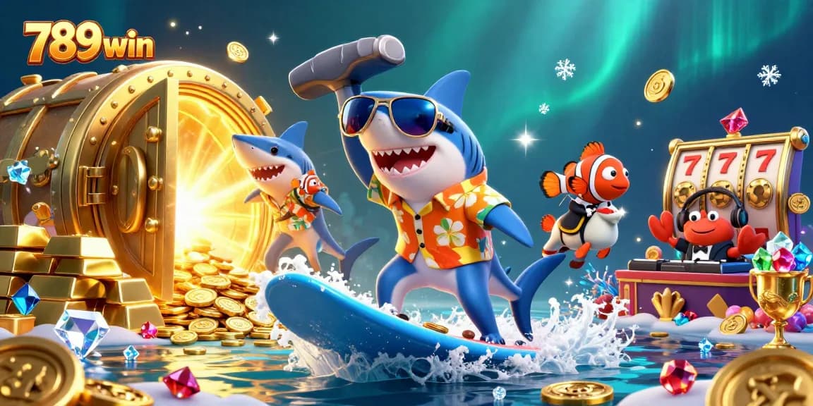 Catch exciting wins at 789win, featuring immersive gambling elements and colorful characters celebrating.