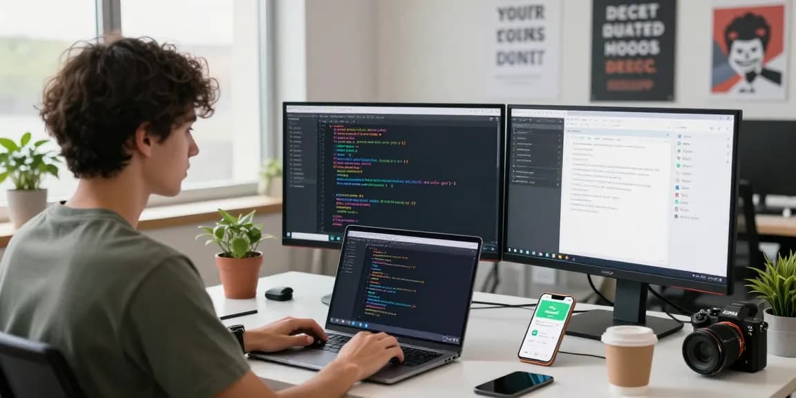Developer coding WhatsApp下載 features in a bright modern office workspace.