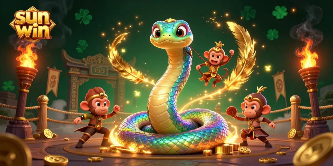 Engage with sun win in this vibrant 3D casino scene featuring a rainbow serpent and monkey king amidst dynamic gambling elements.