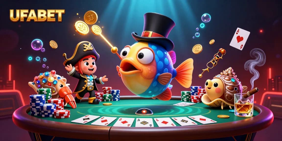 UFABET online betting scene showcases an anglerfish attracting coins in a poker-themed underwater world.