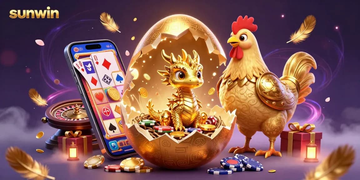 Experience sunwin's thrilling world with golden dragon and poker chips artwork.