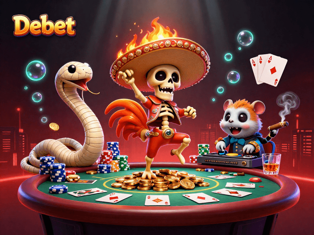Experience the excitement at Debet with vibrant characters in a dynamic casino scene, showcasing poker games and lavish rewards.