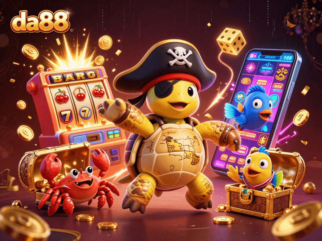 Engage in thrilling gaming at da88 with a vibrant pirate-themed casino illustration showcasing lively characters and dynamic game elements.