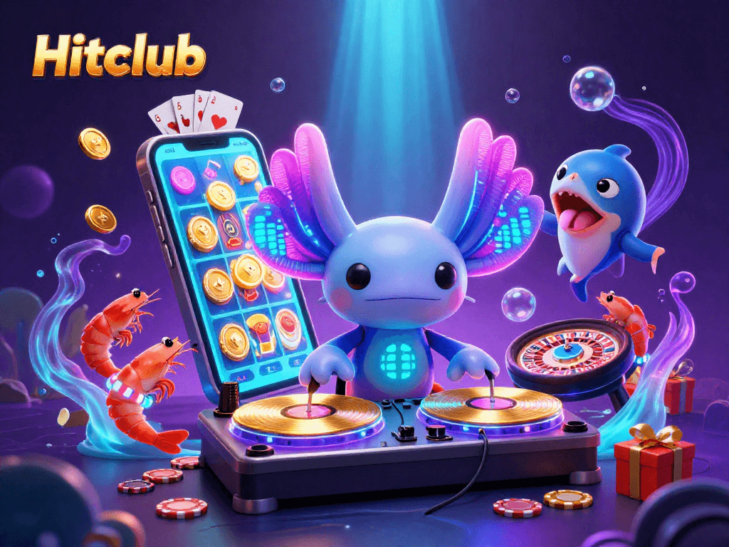 Hitclub's vibrant underwater casino scene features an axolotl DJ, dancing shrimp, and exciting slot games.