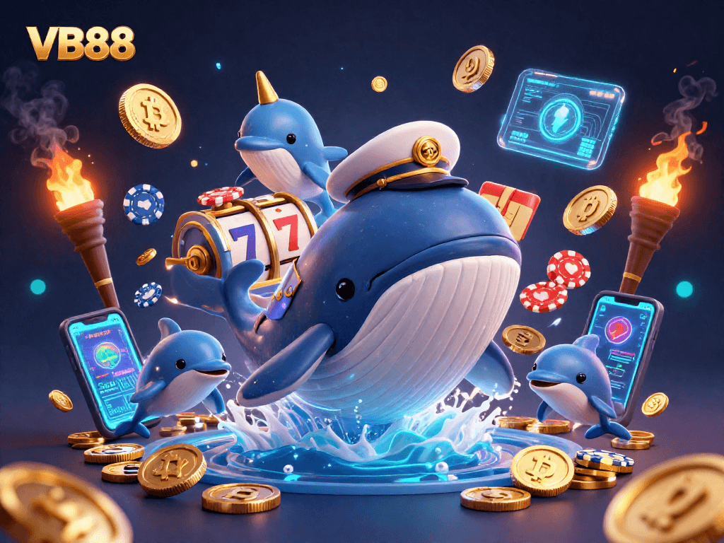 Play casino games with VB88's amazing variety, featuring a whimsical whale and playful dolphins.