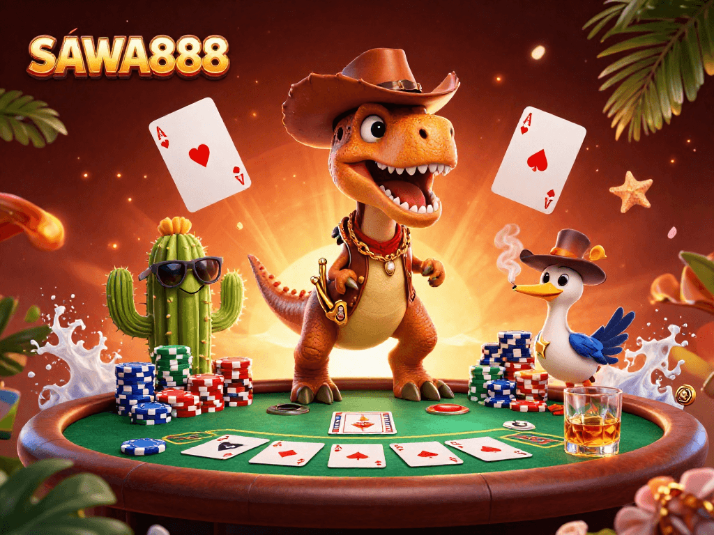 Experience thrilling play at SAWA888, featuring a playful dinosaur, cactus, and roadrunner at a vibrant poker table.