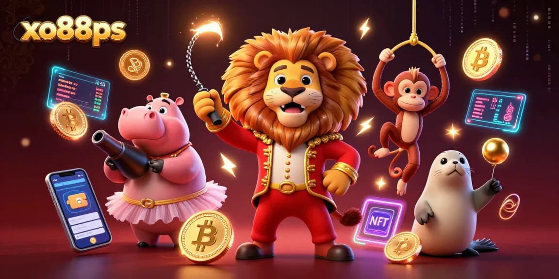 Experience thrilling excitement at xo88ps with vibrant carnival characters amidst glowing crypto elements.