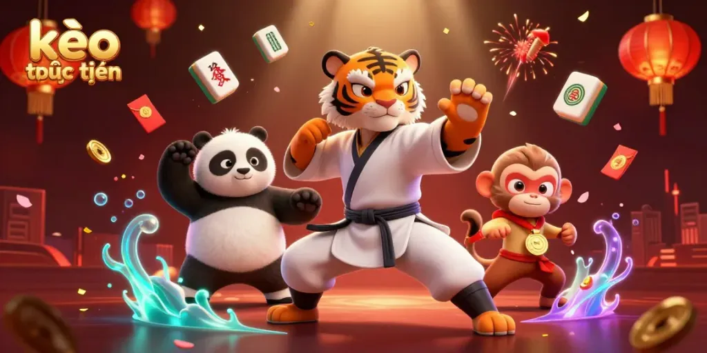 Engage in exciting kèo trực tuyến with a lively scene of a kung fu master and fun characters.