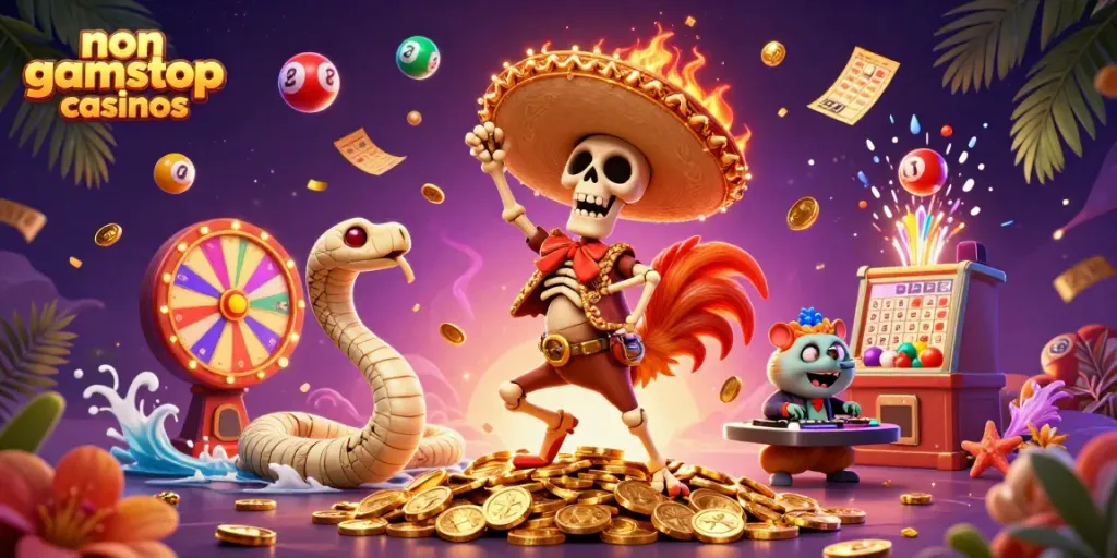 Experience the vibrant energy of non gamstop casinos with animated characters celebrating winnings.