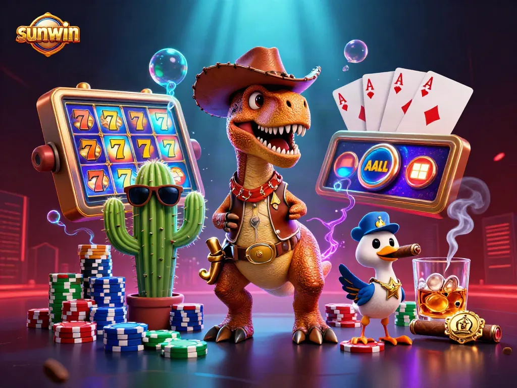 Experience thrilling wins at sunwin with vibrant slot reels and colorful characters in this 3D scene.