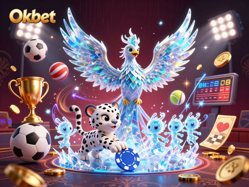 Oxbet's dazzling scene features an ice phoenix, snow leopard, and animated sports elements reflecting casino excitement.