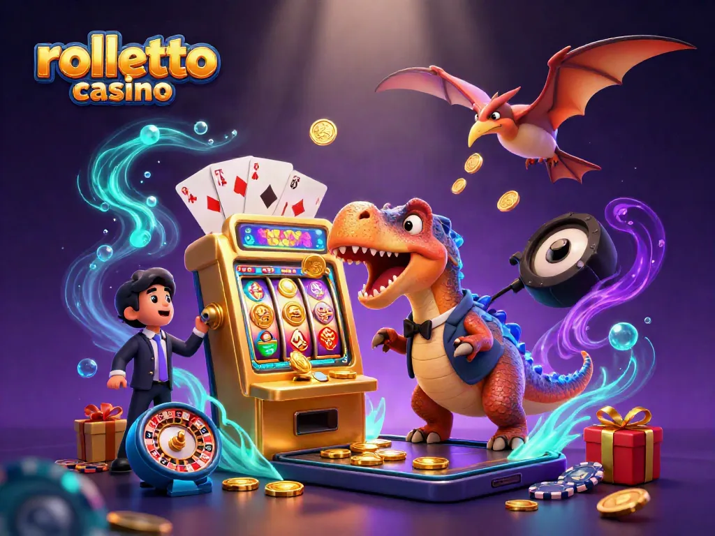 Experience the thrill at rolletto casino with a dynamic scene of animated characters and vibrant casino elements.