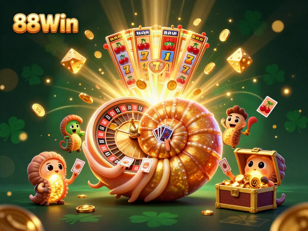 Experience the thrill of 88Win with a vibrant casino scene showcasing a giant nautilus and explosive jackpot