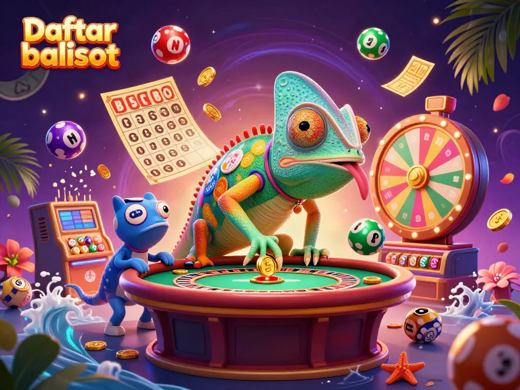 Engage in thrilling games at Daftar balisot with vibrant casino elements and joyful chameleon owner.