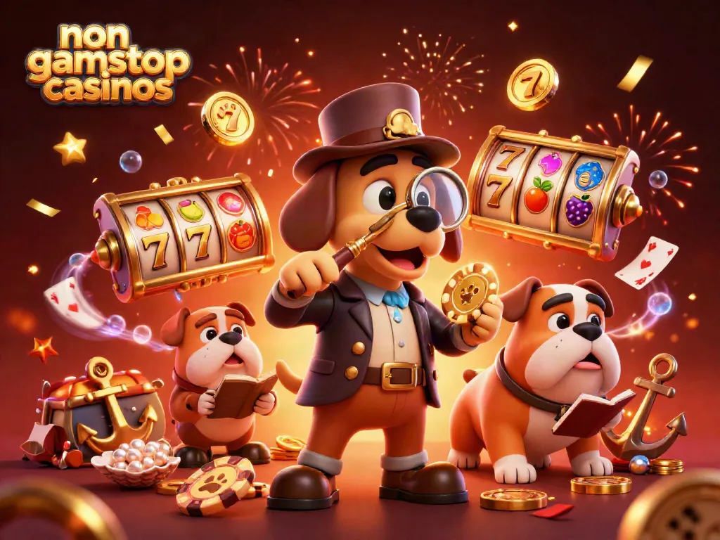 Engage with thrilling non gamstop casinos, as a detective investigates poker chips amidst slot reels and treasures.