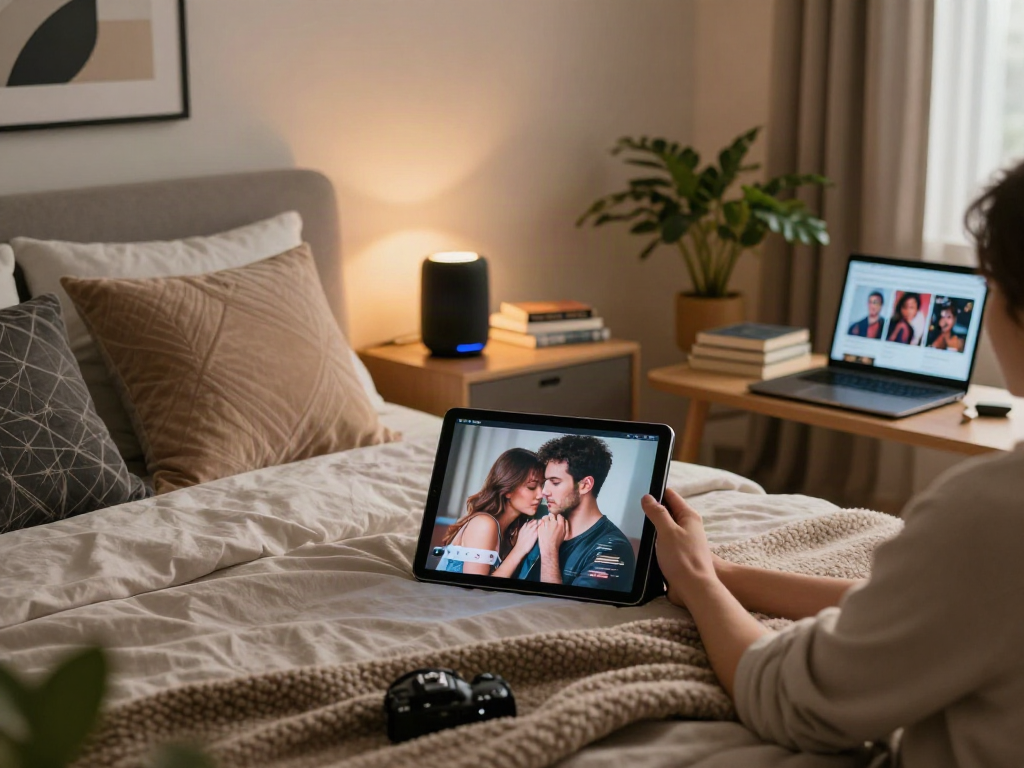Engaging AI sex technology scene in a cozy bedroom with modern decor.