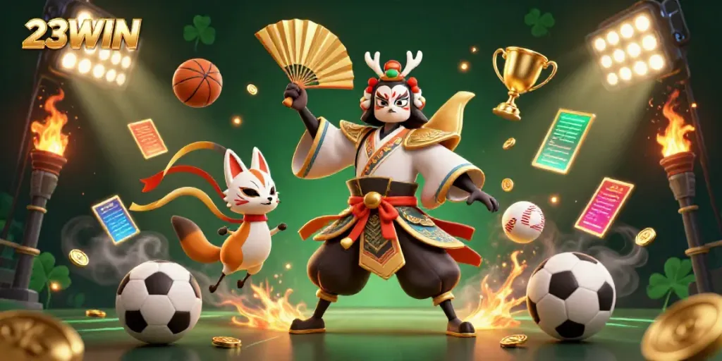 Experience vibrant gambling action with 23WIN’s dynamic gaming scene of warriors and sports elements.