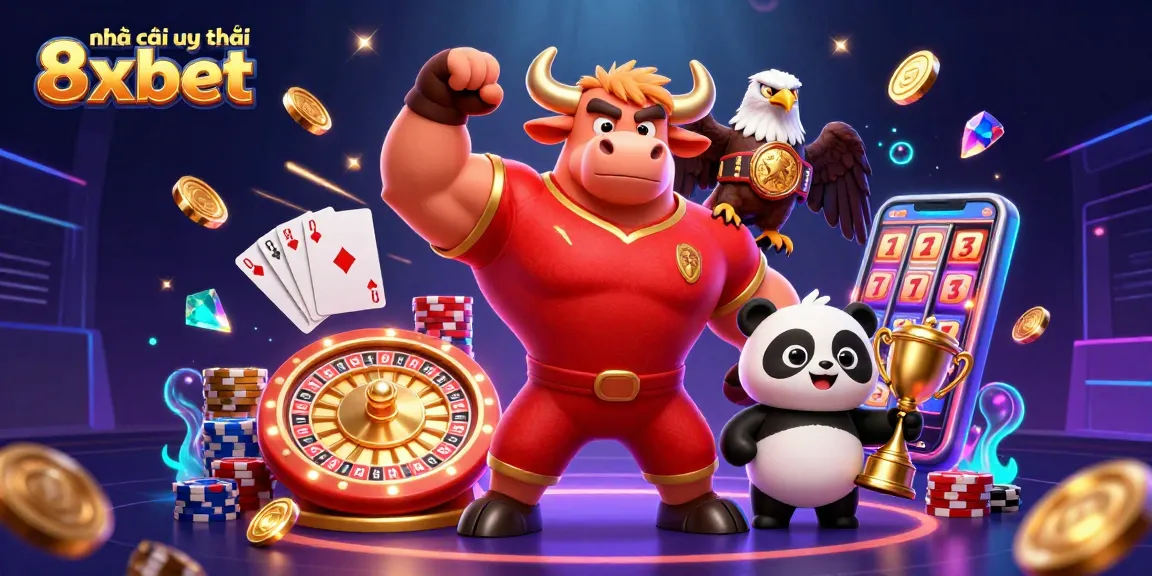 Engage with nhà cái uy tín 8xbet and win big in this dynamic casino scene featuring a bull mascot.