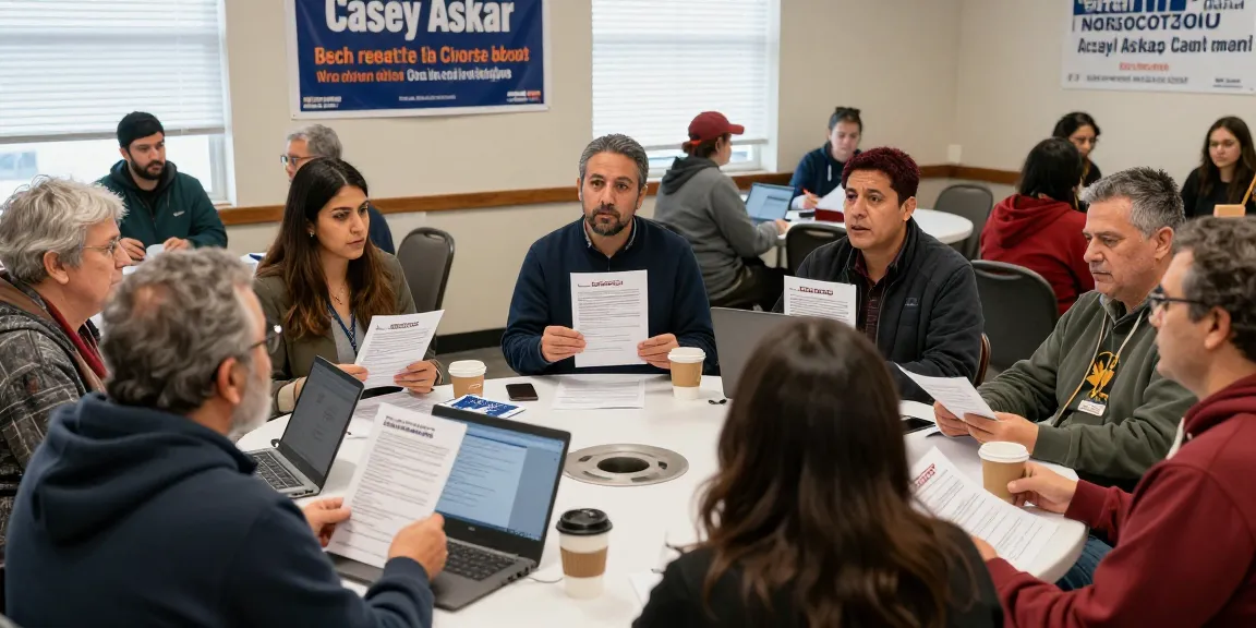 Voters discussing Casey Askar's controversial past in a community center.