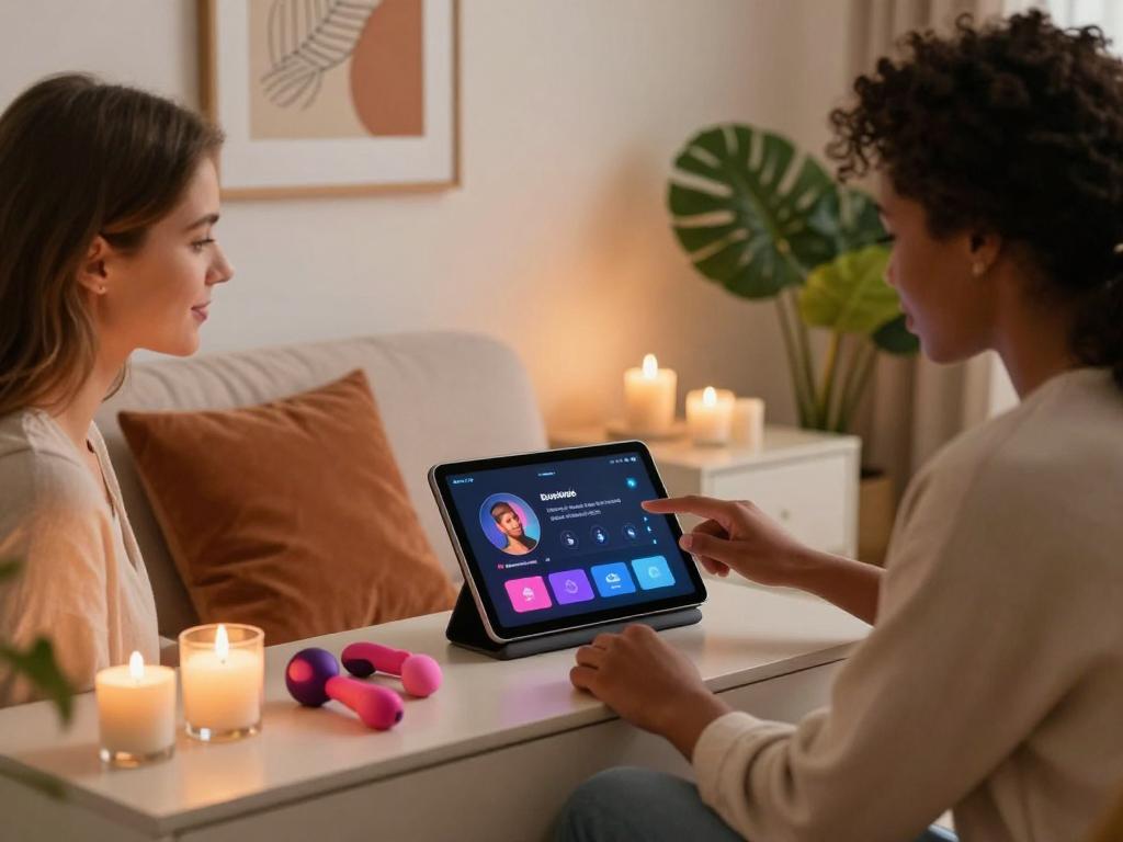 Couple exploring AI sex device in intimate wellness space.