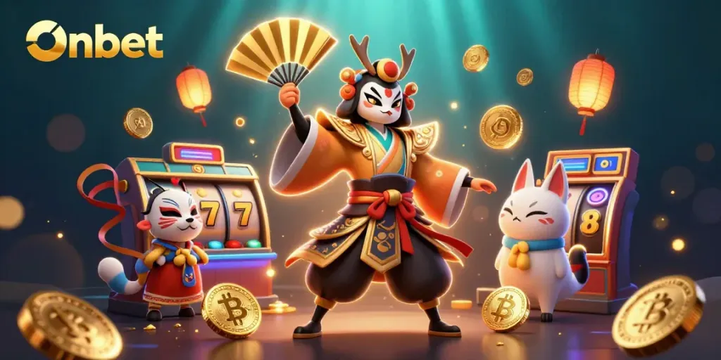 Engage with Onbet at an exciting online casino scene featuring animated characters, golden coins, and dynamic slot elements.