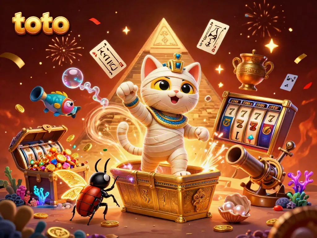 Engage in thrilling toto-themed casino action with an animated mummy cat and treasures!