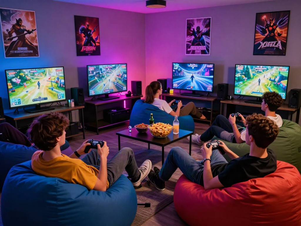 Exciting adult game night with friends in a vibrant gaming lounge.