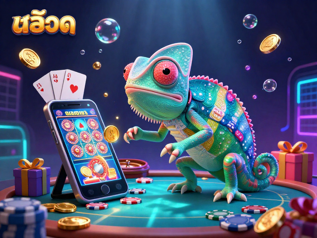 Play colorful สล็อต games with an enormous chameleon casino owner snatching golden coins.