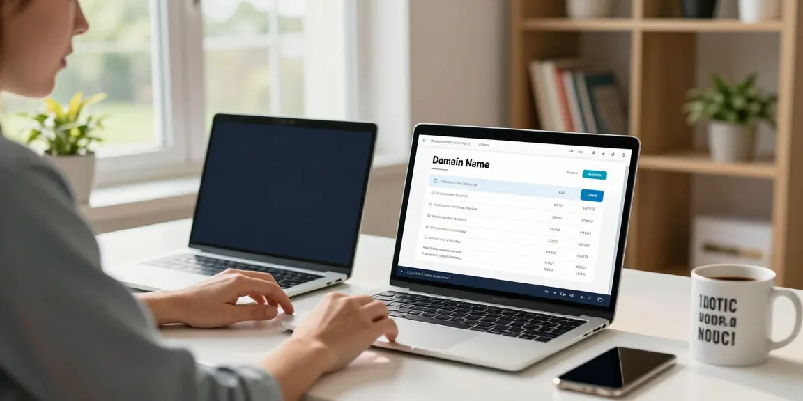 Buy domain name in a modern home office setup with vibrant plants and dual monitors.