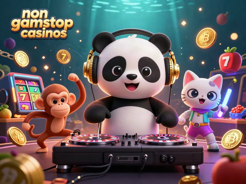 Enjoy thrilling wins at non gamstop casinos with vibrant cartoon characters enjoying a lively casino scene.