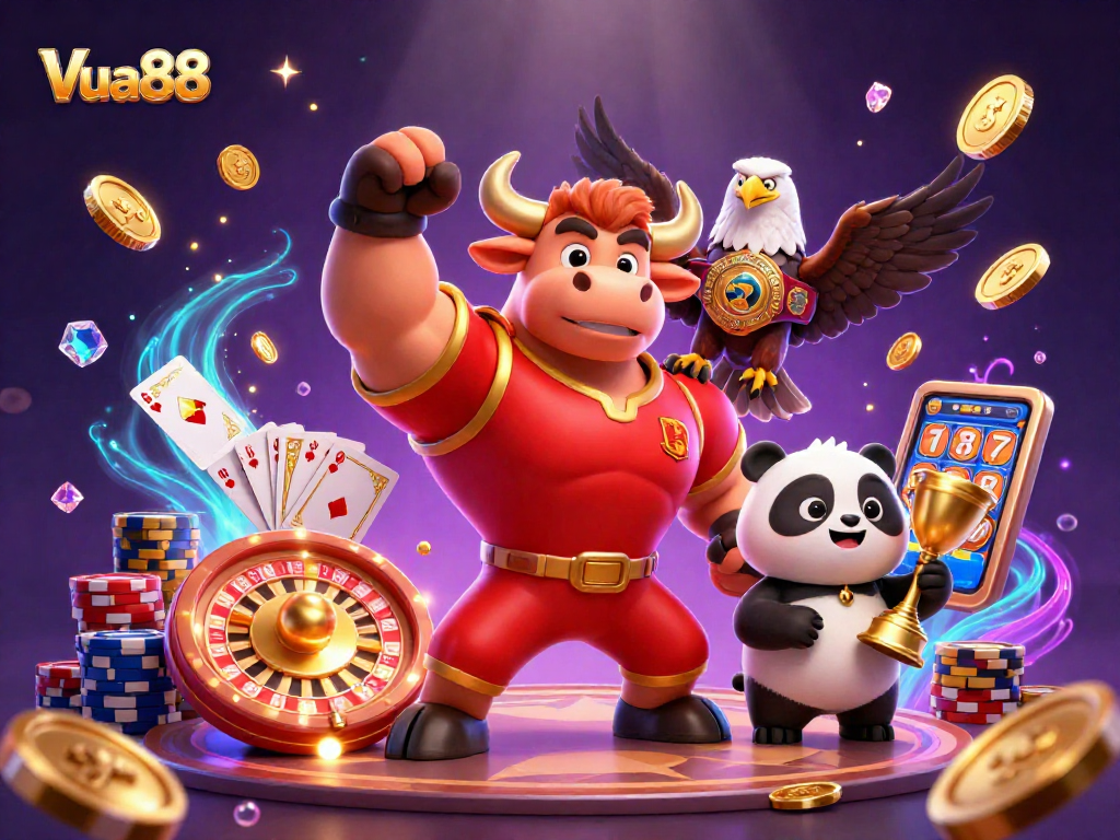 Win big with Vua88's exciting games showcased in a vibrant casino scene.
