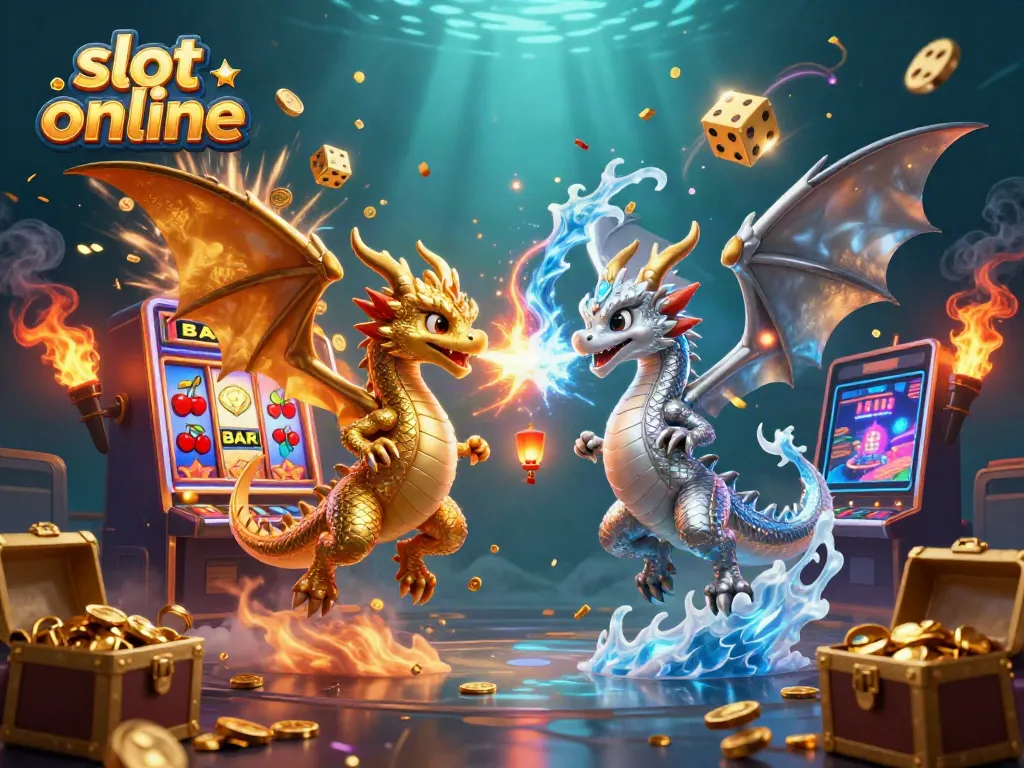 Engaging scene of two dragons amidst a burst of slot online excitement, showcasing casino elements.