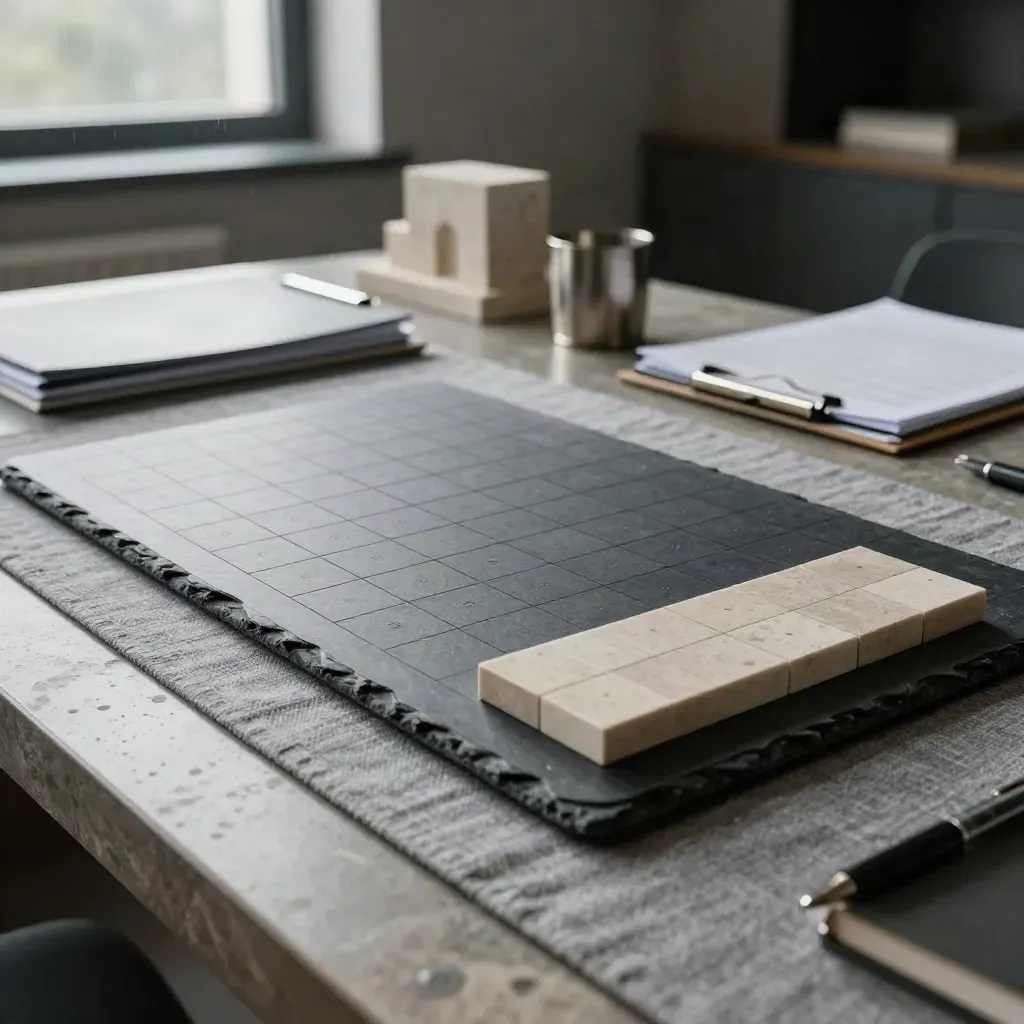 Slate risk blocks and face-down folders settle on a stone table in a dim finance room.