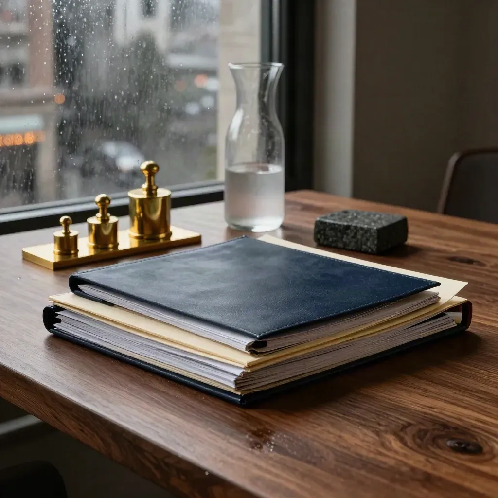 Rain-lit investment portfolio table with folio, binders, brass weights and carafe by city windows.