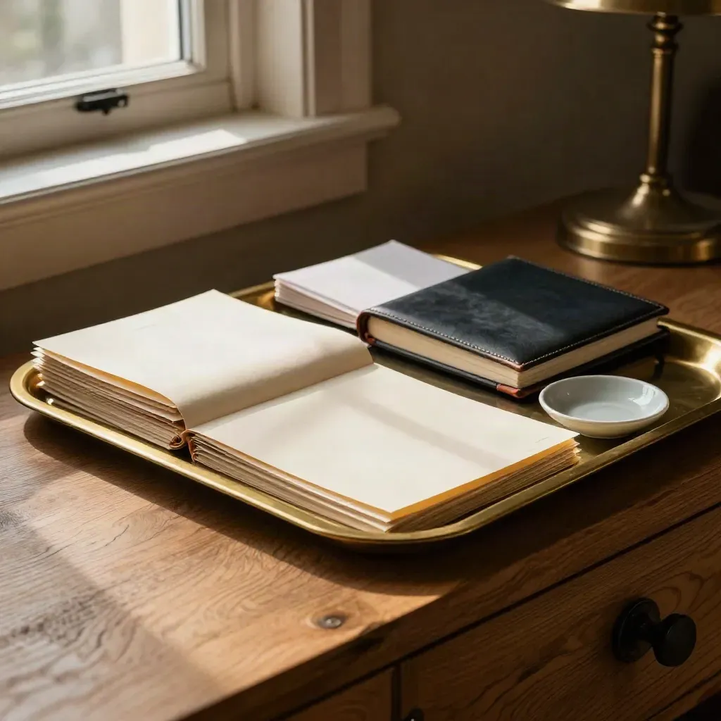 Brass tray with sealed folders, leather notebook and ceramic dish on an oak console in warm late light
