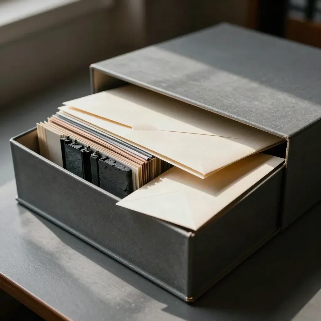 Open archive box with document sleeves and a sealed envelope on a charcoal table