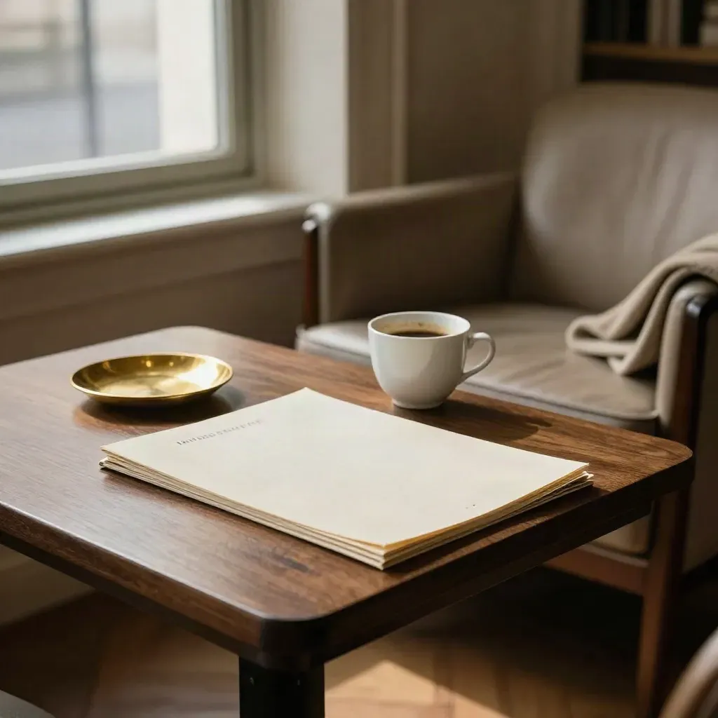 Cream folio, brass dish and porcelain cup beside an empty armchair in a hazy investment lounge.