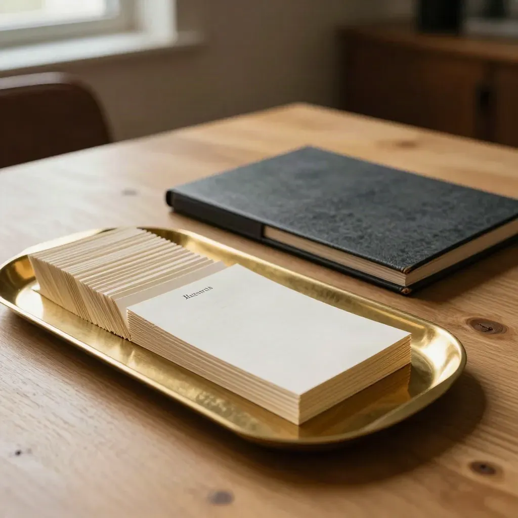 Sorted note cards, closed portfolio folder, and brass tray on an oak table in warm window light.