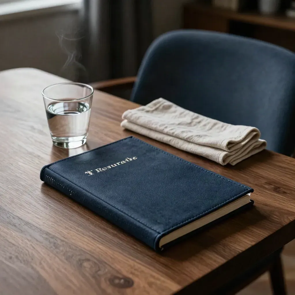 Closed cash ledger, water glass and linen cloth beside a chair in cool morning light.