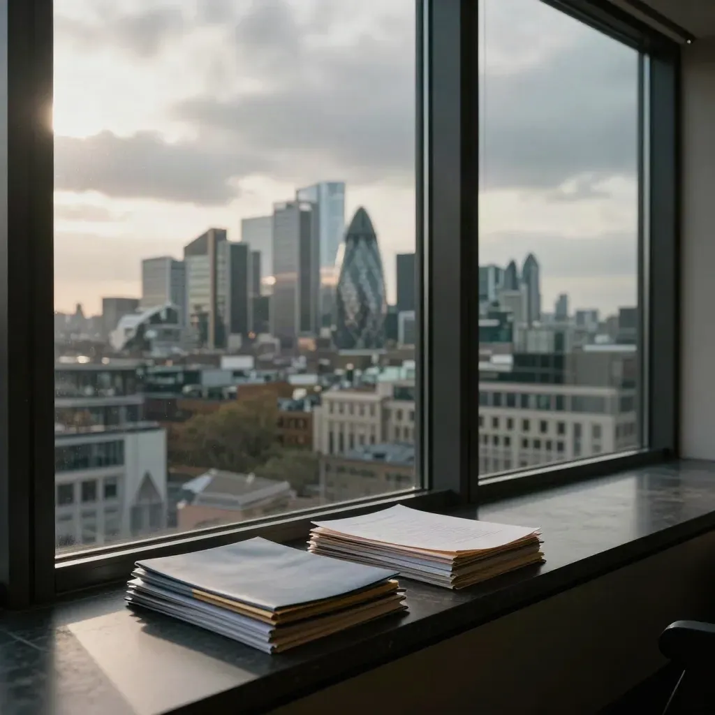 London skyline through an office window with sealed research folders in moody afternoon light