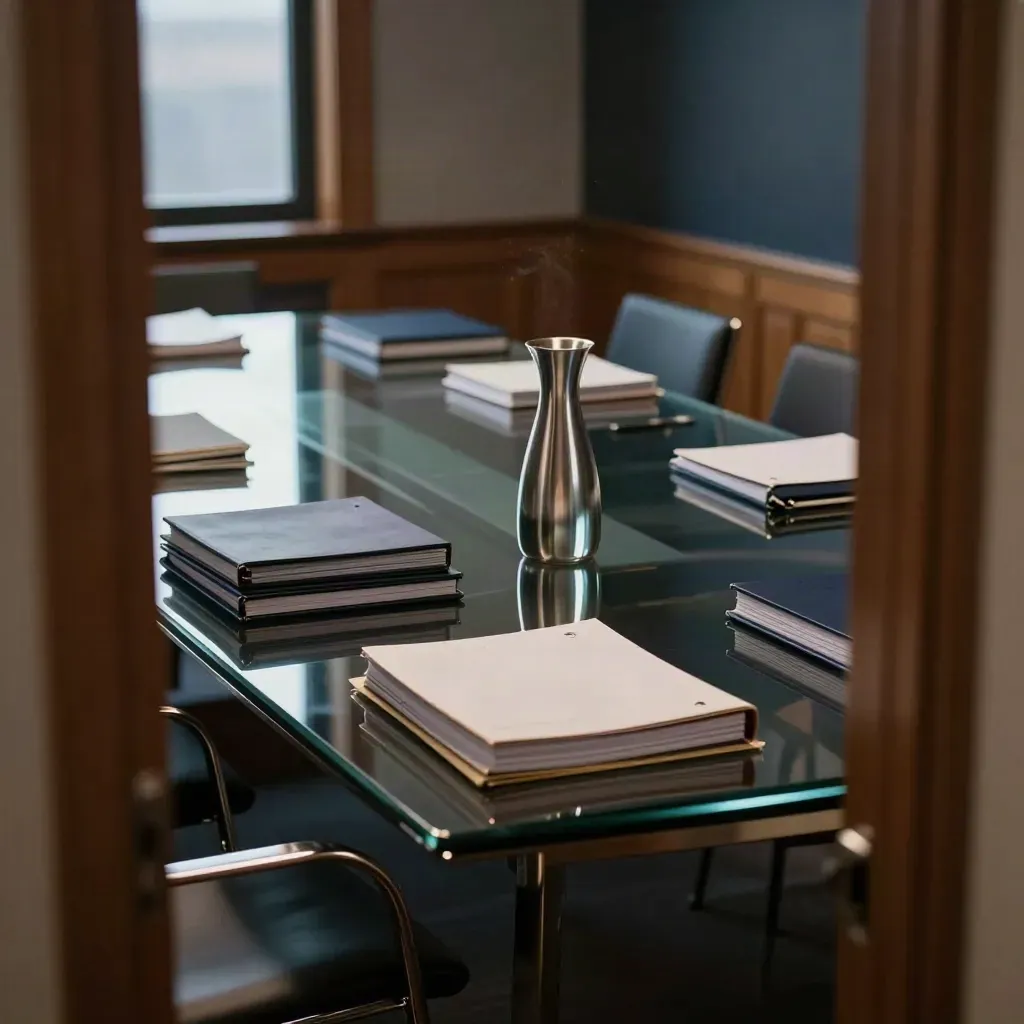 Glass conference table, binders, and metal carafe in a dim boardroom by dark windows.
