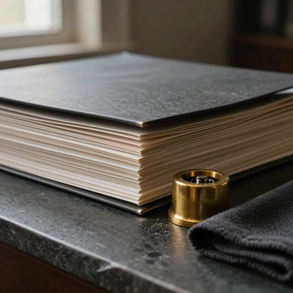 Clipped watch folders, brass paperweight, and folded charcoal cloth on a slate counter