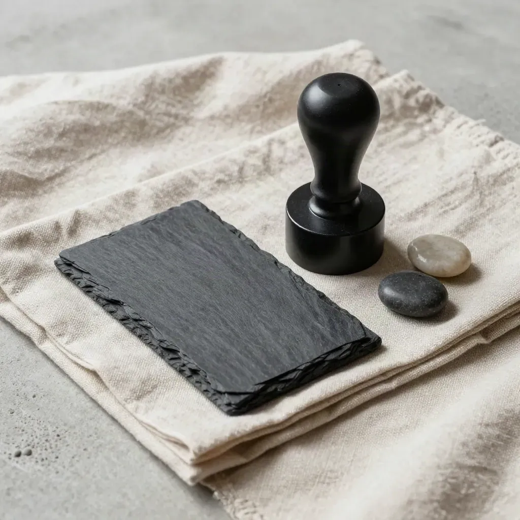 Overhead flatlay of a black seal stamp, check tabs, and stone pebbles on pale linen