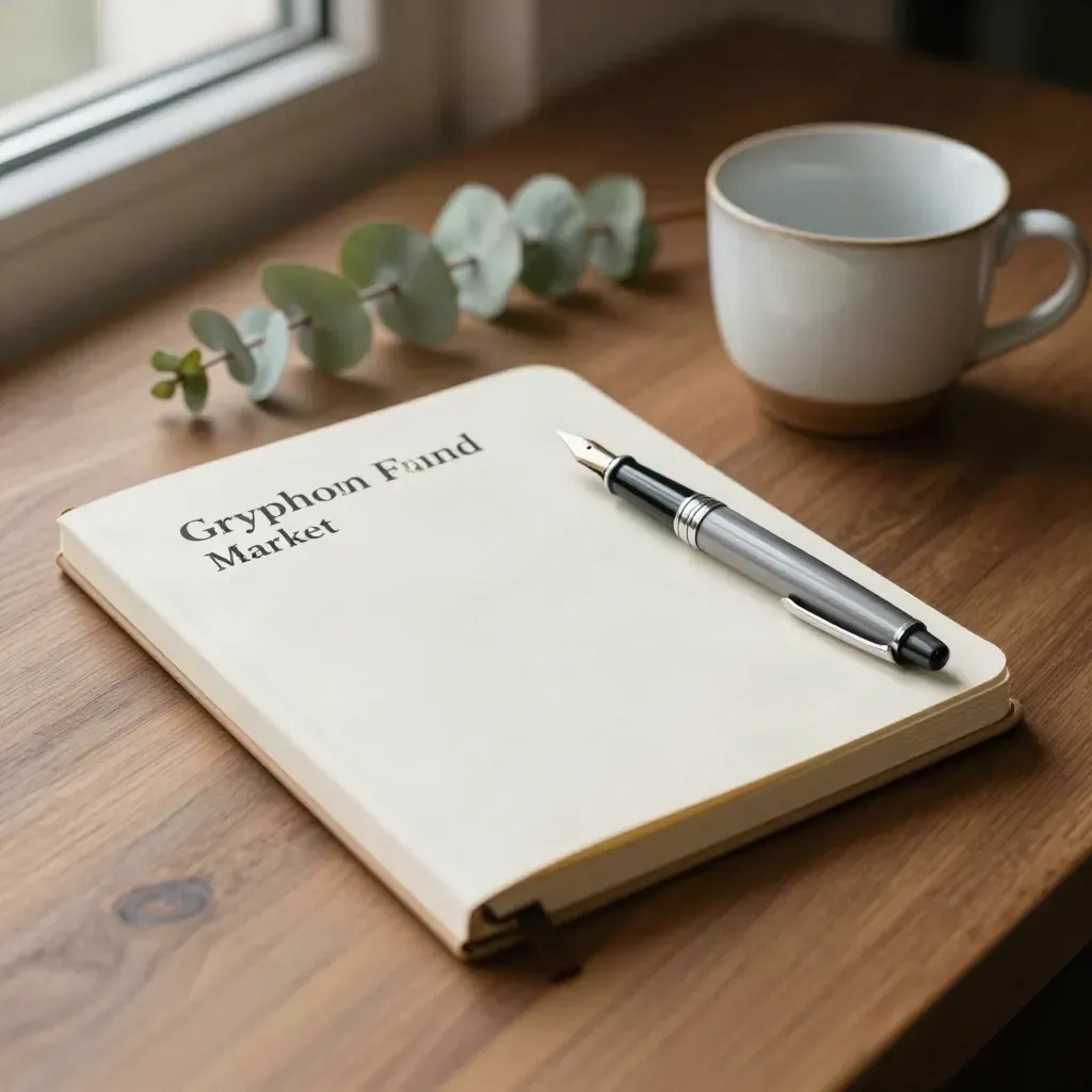 Cream notebook, fountain pen, ceramic cup and eucalyptus on a walnut desk in soft morning light.