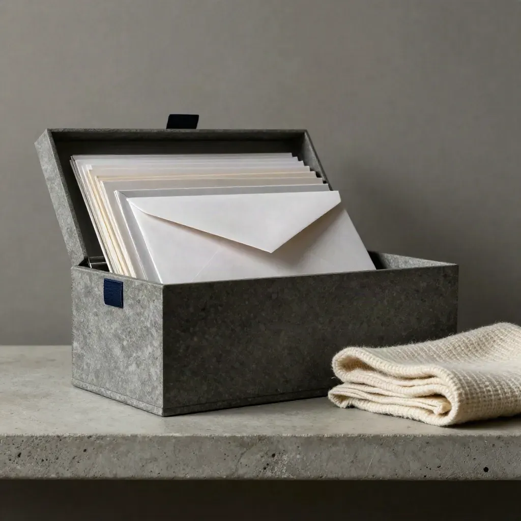 Stone shelf with a document box, sealed envelope and wool cloth in soft navy light.