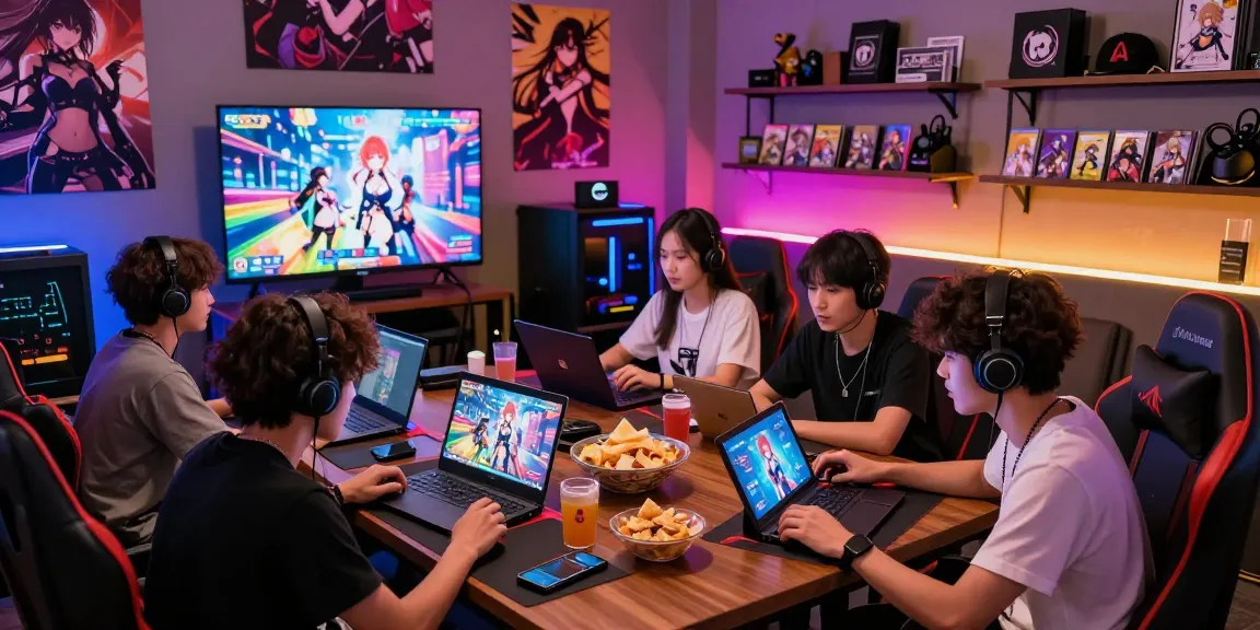 Exciting gaming lounge with friends playing hentai ganes on various devices, showcasing a vibrant atmosphere